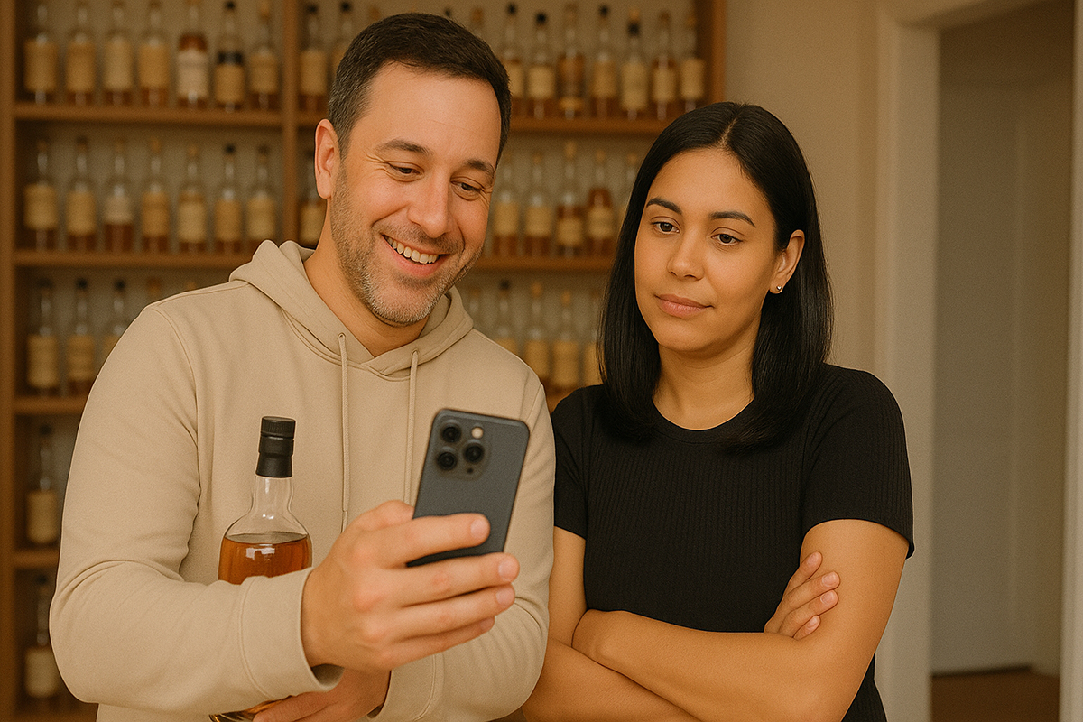 Man shows his partner how the value of his bottle of whiskey has increased using TruePrice