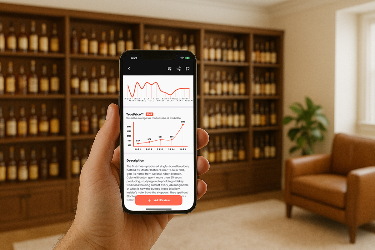 A hand holds a phone with the Distiller app open, viewing a TruePrice graph